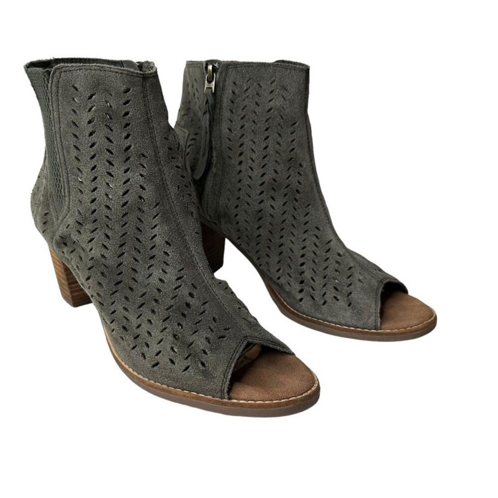 Toms Green Suede Majorca Perforated Block Heel open Toe Ankle Boots Size US 10